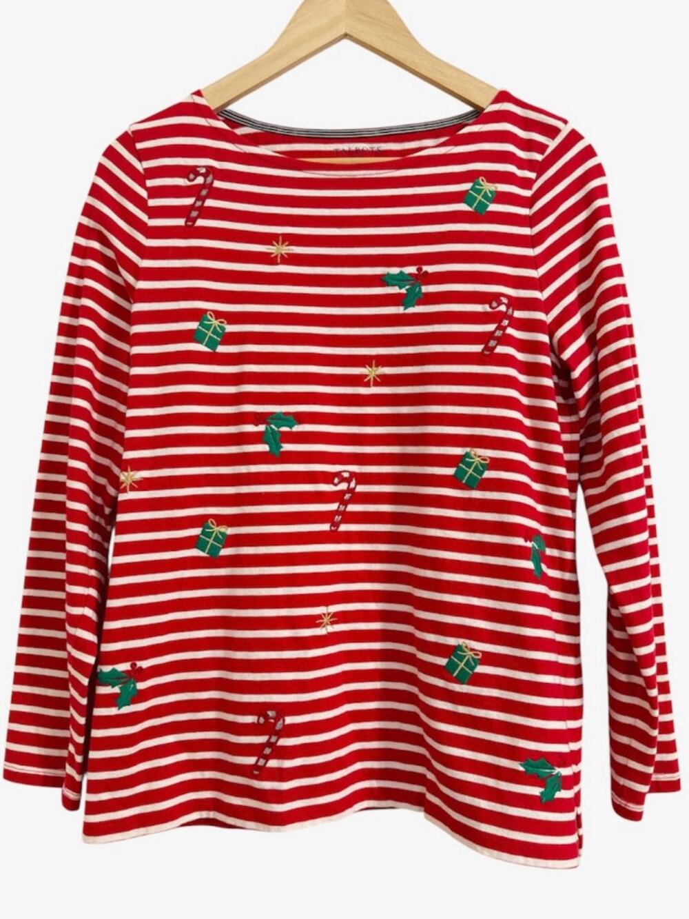 Talbots Petite Tee Women's Size MP Holiday Christmas Embroidered Striped T-Shirt